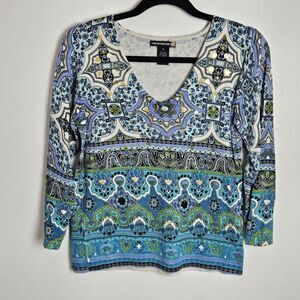 Sweaterworks Women's Size M Embellished Top Blue Green Boho Silk Blend Blouse